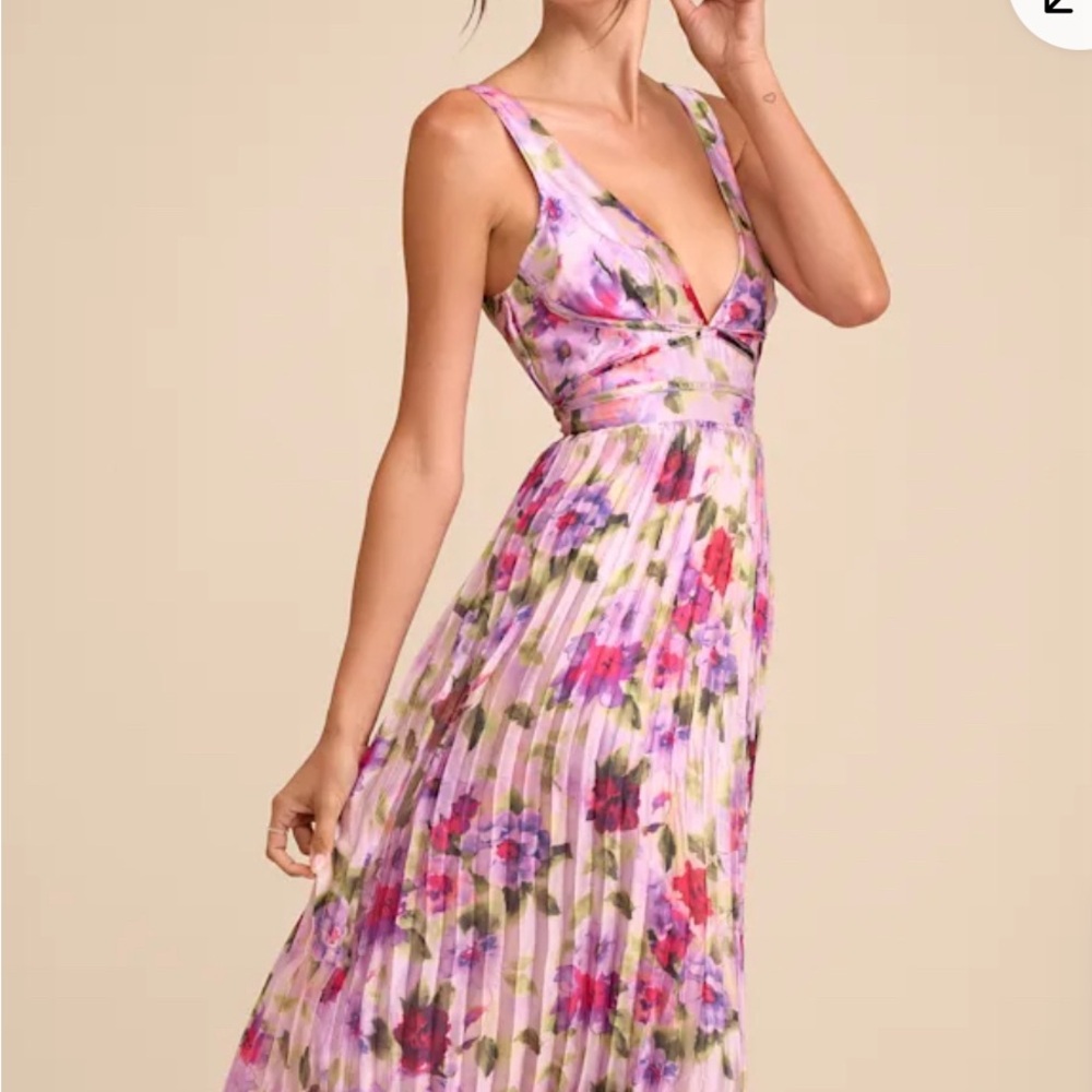 Lulus Morgana Multi-floral Satin Pleated Maxi Dress Women Size M